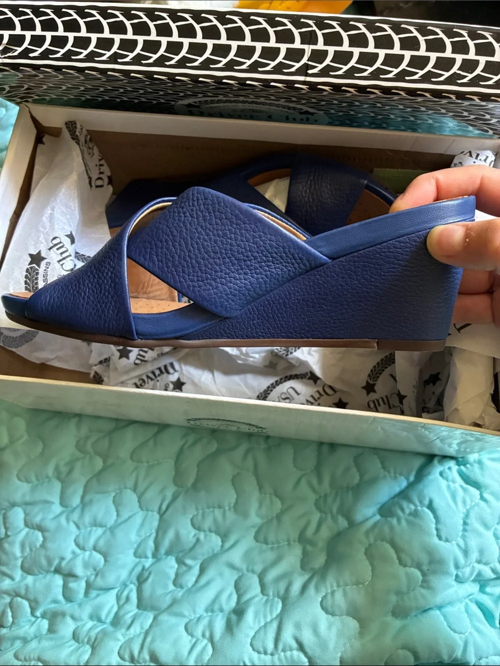 Driver Club USA Navy Leather Crisscross Wedge Sandals.